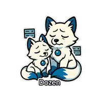 a sticker with two foxes and the word dozen on the bottom