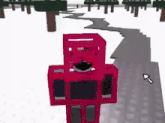 a red minecraft character is standing in the snow in a forest .