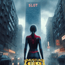 a woman in a spiderman costume is standing in front of a building that says slot