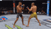 two men are fighting in a ring with ufc fight pass advertisements