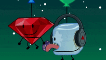 a cartoon character wearing headphones and a red diamond