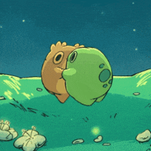 two cartoon characters are standing next to each other on a hill