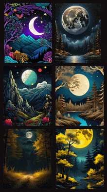 a collage of paintings of the moon in different stages of growth