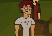 a man wearing glasses and a white shirt with stars on it