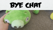 a person holding a green stuffed animal with the words bye chat above it