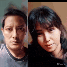a man and a woman are posing for a picture and the man is wearing a gray shirt