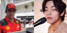 a man in a ferrari shirt is standing next to a microphone and a man in a sweater is singing into it .