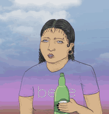 a drawing of a woman holding a bottle and wearing a shirt that says boe