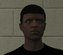a close up of a man 's face with a brick wall behind him