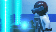 a lego figure wearing a helmet and glasses looks at a blue light