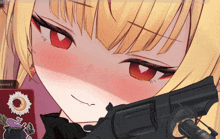 a close up of a girl holding a gun next to a sticker that says version 3