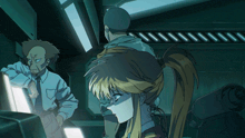 a group of anime characters are standing in a room
