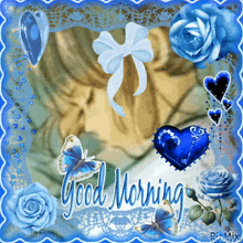 a picture of a cat with blue roses and butterflies and the words good morning