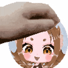 a hand is petting a cartoon girl 's head