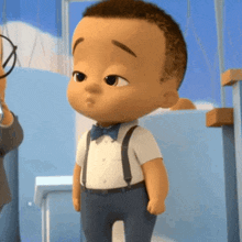 a cartoon baby boy wearing suspenders and a bow tie is standing next to a man .