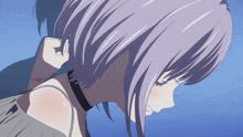 a girl with short purple hair and a choker around her neck