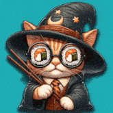 a cat wearing a witch hat and glasses is holding chopsticks and sushi