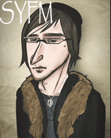 a cartoon drawing of a man with syfm written above him