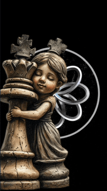 a little girl is hugging a chess piece with a crown on her head