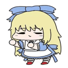 a cartoon drawing of a girl in a blue dress with a bow on her head .