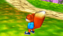 a cartoon squirrel in a blue shirt and blue shoes walking down a path