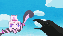 a cartoon drawing of a squirrel and a crow with a blue sky in the background