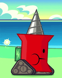 a cartoon of a red object with a drill on top of it