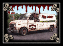 a picture of a man in a van that says free candy on it