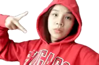 a girl wearing a red hoodie with the word chicago on it