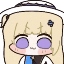 a cartoon girl with blonde hair and purple eyes is wearing a hat .