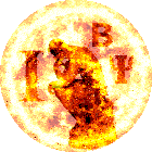 a statue of a man is surrounded by flames and the letter b and y are visible