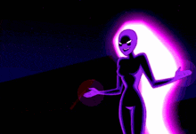 a cartoon character is standing in front of a pink light