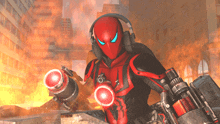 a red and black superhero wearing headphones is holding a rocket launcher