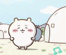 a cartoon drawing of a white bear with a pink cheek