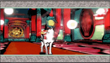 a cartoon drawing of a dog standing in a room with chinese writing on the bottom