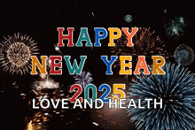 a happy new year greeting with fireworks behind it