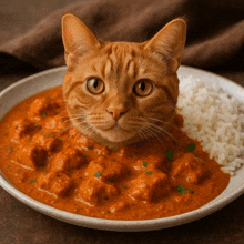 a cat is sitting in a bowl of food with rice