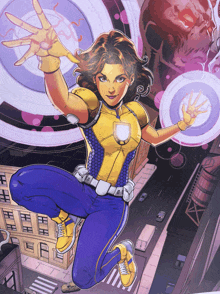 a cartoon of a woman in a yellow and blue outfit