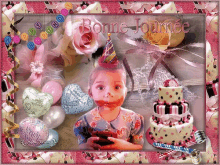 a picture of a little girl with a birthday cake and the words bonne journee on the bottom