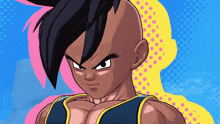 a cartoon character with a shaved head and a muscular chest