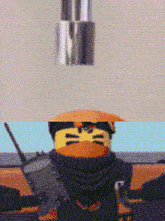 a ninjago character is holding a walkie talkie in front of a wall