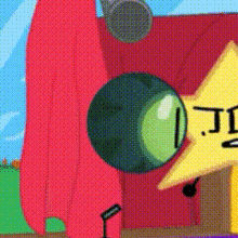 a cartoon star with a green eye is standing in front of a microphone ..