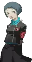 a girl with blue hair and a s.e. armband on her arm