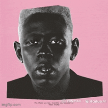 a black and white photo of a man 's face on a pink background ..