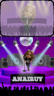 a cartoon of a girl singing on a stage with the name anairuy