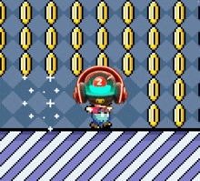 a pixel art of a person wearing headphones with the number 2 on their head