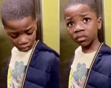 a young boy in an elevator is making a funny face .