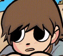 a close up of a cartoon character 's face with a sad expression .
