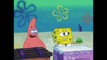 a cartoon of spongebob and patrick on a beach