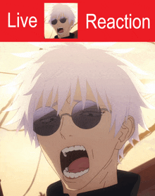 a picture of a man with sunglasses and the words live reaction below it